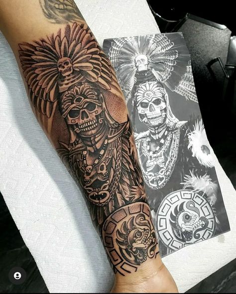 Mexican Forearm Tattoo Men, Mexican Mayan Tattoos, Aztec Half Sleeve Tattoo For Men, Aztec Skeleton Tattoo, Aztec Tattoo Ideas For Men, Mexican Tattoo Ideas For Men Forearm, Mexican Leg Tattoo, Mexican Tattoo Ideas For Men Sleeve, Mayan God Tattoo