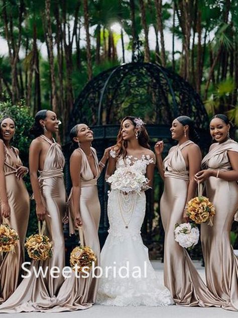 Mismatched Halter V-neck Mermaid Floor-length Elegant Simple Long Brid – sweetbridals Black People Wedding Colors, Black Women Bridesmaid Dresses, Black People Wedding Ideas Color Schemes, Dream Wedding Ideas Dresses, Future Wedding Plans, The Jacksons, Long Bridesmaid Dresses, Wedding Themes, Wedding Bells