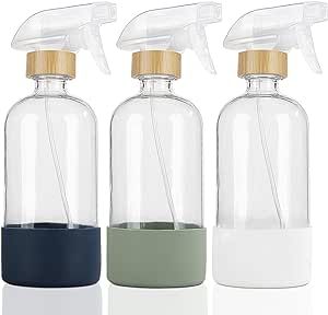 HOMBYS Empty Bamboo Glass Spray Bottles with Silicone Sleeve Protection - Refillable 17 oz Clear Glass Containers for Cleaning Solutions, Essential Oils, Misting Plants - Quality Sprayer - 3 Pack