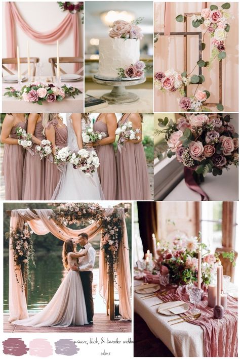 Light Colors Wedding Theme, Light Colour Wedding Theme, Light Summer Wedding Dress, Spring Mauve Wedding, Light Mauve Wedding Colors, Mauve And Light Pink Wedding, Wedding Theme Dusty Rose, Light Summer Wedding Colors, Mauve And Blush Wedding Color Palettes