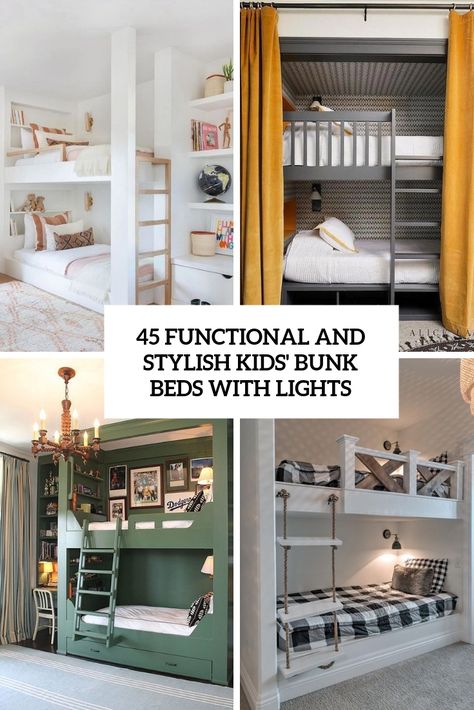 functional and stylish kids' bunk beds with lights cover Upper Bunk Bed Ideas, Bunk Bed Lighting Ideas, Beds With Lights, Bunk Bed Lighting, Bunk Bed Light, Bunk Bed Lights, Rustic Bunk Beds, Childrens Bunk Beds, Boy Bedrooms