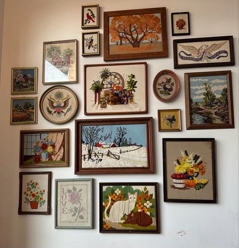 Crewel Gallery Wall, Needlepoint Gallery Wall, Cross Stitch Gallery Wall, Tapestry Gallery Wall, How To Hang Photos On Wall, Interesting Home Decor, Wedding Gallery Wall Ideas, Thrifted Gallery Wall, Cottagecore Gallery Wall