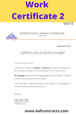 work experience certificateDownload this example of Work certificate sample template in word. You canedit and print easily this document.After completing a task or project, a certificate is usually issued to recognize it. This is a recognition of the effort workers put into the project. The document is formal and has a standard schema that must be followed closely. However, if you are not particularly sure about the format of such a work certificate, you can always check out the work comple Certificate Of Employment, Experience Certificate, Certificate Sample, Photographers Contract, Room Rental Agreement, Cleaning Contracts, Completion Certificate, Wedding Photography Contract, Data Form