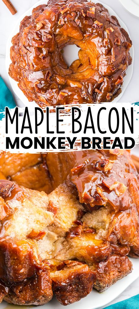 Maple Bacon Monkey Bread is where sweet and savory flavors unite in a mouthwatering, gooey breakfast treat that everyone loves! #BreadBoozeBacon #maple #bacon #monkeybread #biscuits #breakfast #brunch #dessert #fingerfood #gameday #superbowl Maple Bacon Monkey Bread, Bacon Monkey Bread, Biscuit Monkey Bread, Savory Monkey Bread, Bacon Desserts, Waffle Cone Recipe, Maple Caramel, Brioche Dough, Bread Booze Bacon