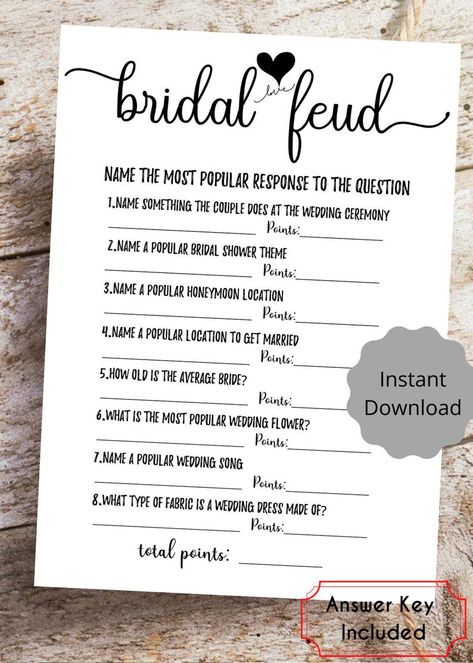 Bridal Feud Bridal Shower Games Printable Wedding Party | Etsy Popular Wedding Songs, Bridal Shower Games Funny, Adult Birthday Party Games, Bridal Shower Games Printable, Wedding Party Games, Newlywed Game, Bridal Shower Inspo, Groom Card, Fun Bridal Shower Games