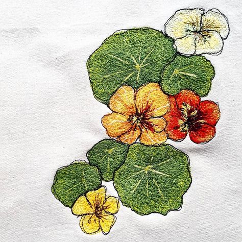 Nasturtiums. Unique & eco friendly Machine embroidery by Sarah Chatterton ( vegan textile artist) Textiles Gcse, Rural Studio, Bernina Blog, Thread Painting, Textile Artist, Guest Blogging, Free Machine Embroidery, Guest Post, Textile Artists