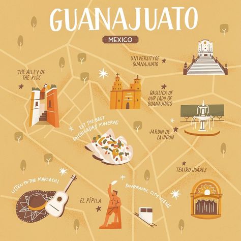 Tammy Chew on Instagram: “Hola Mayo! Guanajuato was my favourite place out of all the cities I’ve visited in Mexico during a summer exchange. It’s such a colourful…” Guanajuato Mexico Tattoos, Mexico City Map Illustration, Mexico City Poster, Apple Pencil Art, Mexico City Guide, Guanajuato Mexico Painting, Mexico Map, Mexican Wall Art, Explore Mexico