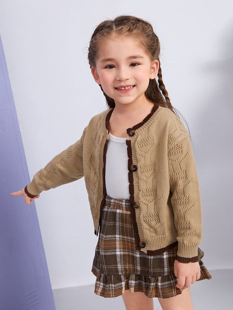 Khaki Casual  Long Sleeve Acetate Plain Cardigan Embellished Slight Stretch Spring/Fall Toddler Girls Clothing Toddler Girl Cardigan, Plain Cardigan, Toddler Fall, Girls Cardigan, Button Front Cardigan, Toddler Girl Outfits, Spring And Fall, Girls Clothing, Toddler Girls