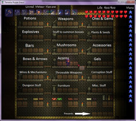 Terraria Organization, House Ideas Terraria, Terraria Battle Arena, Terraria Tips And Tricks, Terraria Building Tips, Terraria Chest Room, Terraria Cavern House, Terraria Storage, Terraria Storage Room