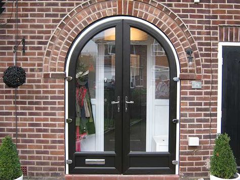 Black uPVC arched double doors                                                                                                                                                                                 More 1930s Semi, Double Patio Doors, Arched Front Door, Double Door Entryway, Glass Porch, House Front Porch, Building A Porch, Modern Entrance, Porch Doors