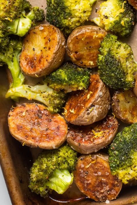 Roasted Potatoes And Broccoli With Lemon 1 Broccoli And Potatoes Roasted, Roasted Broccoli And Potatoes, Crispy Baby Potatoes, Roasted Potatoes And Broccoli, Pan Veggies, Weekly Dinner Ideas, Broccoli Vegetable, Potatoes And Broccoli, Crispy Roasted Potatoes