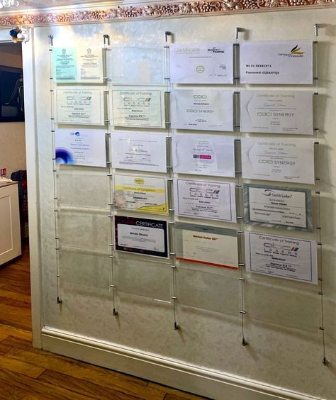 Certificate Wall Display Ideas Office, Certificate Wall Display Ideas, Estate Agent Office, School Environment, Award Display, Room Gym, Acrylic Holders, Community Centre, Wall Of Fame