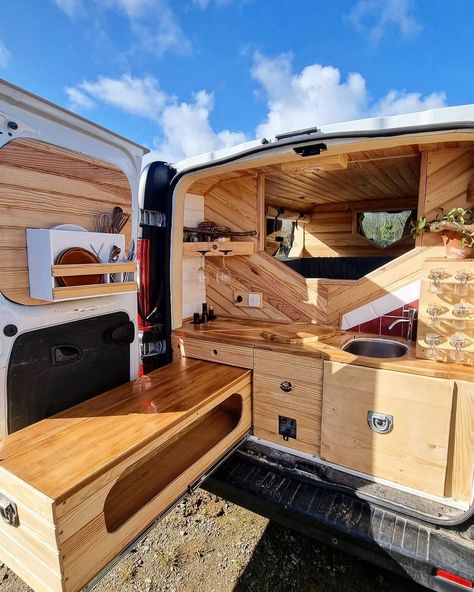 Van Turned Into Camper Diy, Camper Van Rear Kitchen, Low Roof Van Conversion Interior, Small Van Kitchen, Gmc Safari Van Conversion, Coffee Van Conversion, Can Conversion Layout, Small Camper Conversion, Camper Van Conversion Ideas