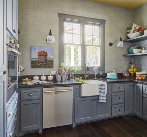 Southern Living show home is full of ideas for those rebuilding and recovering Foggy Day Sherwin Williams, Sherwin Williams Cabinets, Blue Country Kitchen, Foggy Day, Southern Living Homes, Brown Floors, Service Kitchen, Pantry Cabinet, Cottage Kitchen