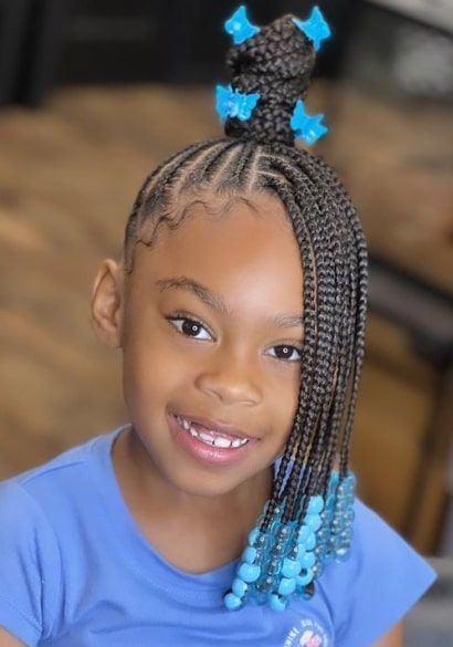 One Sided Braided Bun Braids And Beads Hairstyle For Kids Knotless Braids Little Kids, 9 Year Hairstyles, Two Braids In A Bun, Kids Braid Hairstyles Black, Bead Hairstyles For Kids, Girls Beaded Hairstyles, Kids Braids With Beads Simple, Rainbow Braids For Kids, Girls Braids With Beads