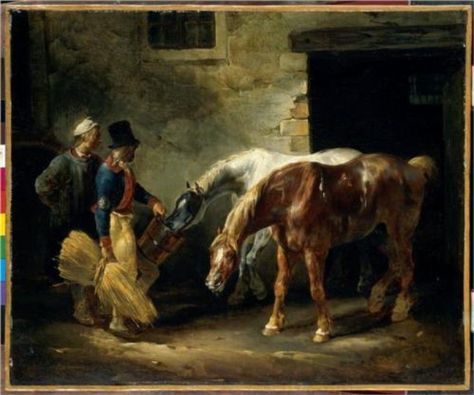 TWO POST HORSES AT THE STABLE, BY THEODORE GERICAULT Four Horses, Fabric Artwork, Cleveland Museum Of Art, European Paintings, Tile Murals, Accent Tile, At The Door, Equine Art, Horse Barn