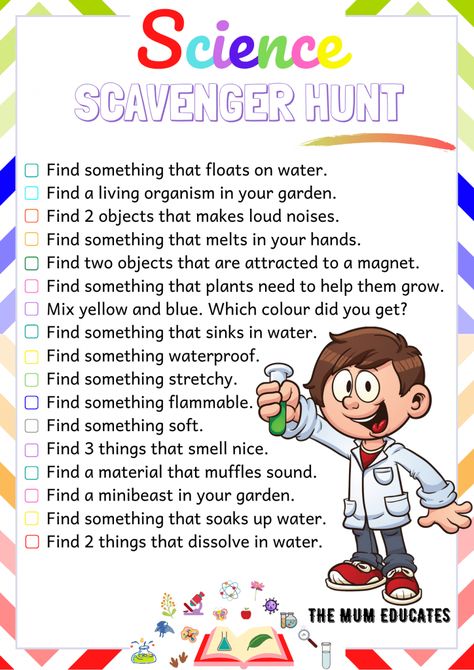 Free Printable Scavenger Hunt for Kids - Ideas - The Mum Educates Science Scavenger Hunt, Printable Scavenger Hunt For Kids, Free Printable Scavenger Hunt, Printable Scavenger Hunt, Scavenger Hunt For Kids, Preschool Science, Afterschool Activities, Fun Family Activities, Science Experiments Kids