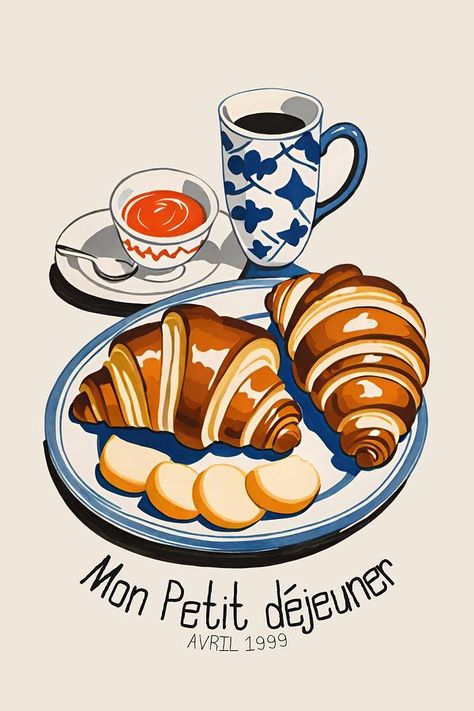 Mon Petit-déjeuner French Breakfast Poster on Artfully Walls Croissant Illustration, Breakfast Poster, Croissant Coffee, French Croissant, French Kitchen Decor, Coffee Art Print, French Breakfast, Retro Kitchen Decor, French Kitchen