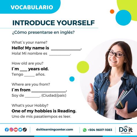 ☝️🤓 Today you are going to learn how to introduce yourself in English. To introduce yourself in English, you have to know greetings, introductions, and leave-takings. When you introduce yourself, you also provide information about who you are and additional information that you consider relevant. #englishvocabulary #eslteacher #phrasalverbs #aprenderingles #vocabularioingles Happy Teej Images Hindi, Introduce Yourself Ideas, Teej Images, Happy Teej, Introduce Yourself, English Teaching, Esl Teachers, Textile Pattern Design, Textile Pattern