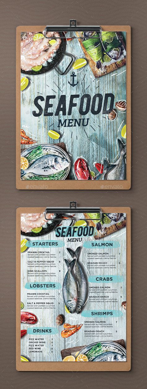 Seafood Menu - Food Menus Print Templates Download here : https://graphicriver.net/item/seafood-menu/21677615?s_rank=42&ref=Al-fatih Seafood Menu Design Templates, Bar Food Menu Design, Fish Menu Ideas, Fish Restaurant Menu Design, Beach Restaurant Menu Design, Beach Menu Design, Fish Menu Design, Seafood Menu Design, Seafood Menu Ideas