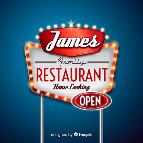 Restaurant billboard sign | Free Vector #Freepik #freevector #theatre-sign #light-sign #retro-light #retro-sign Retro Signage, Woodcut Art, Billboard Signs, Restaurant Signs, Retro Sign, Family Restaurants, Old Signs, Retro Lighting, Signage Design