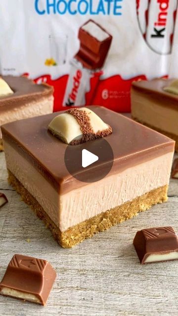 Sip, smile, repeat. on Instagram: "NO-BAKE KINDER CHEESECAKE BARS 😍

These Kinder cheesecake bars are so quick and easy to make with only 6-ingredients and they’re absolutely delicious! 🙌

They have a buttery biscuit base, a creamy Kinder chocolate cheesecake filling, topped with a rich Kinder chocolate ganache and chunks of Kinder Bueno 🤤

Sound on for full instructions 🔉

All you need is:

Base:
250g Digestive biscuits, finely crushed
100g unsalted butter, melted

Filling:
500g cream cheese, room temp
150g Kinder chocolate, melted and cooled slightly
100g icing sugar

Topping:
200g Kinder chocolate
100ml double cream
9 Kinder Bueno chunks (optional)

Tin size: 8x8”

Enjoy!

@ fitwafflekitchen" Kinda Bueno Cheesecake, No Bake Kinder Cheesecake, Kinder Cheesecake Recipe, Kinder Chocolate Cake, Bueno Cheesecake, Fitwaffle Kitchen, Double Chocolate Cheesecake, Chocolate Cheesecake Bars, Mini Cheesecakes Easy