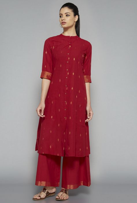 Utsa by Westside Red Solid Palazzo Pants Suit Outfit, Plazzo Dress, Outfit Indian, Suit Outfit, Salwar Designs, Salwar Kamiz, Cotton Kurti Designs, Kurti Neck Designs, Kurta Designs Women