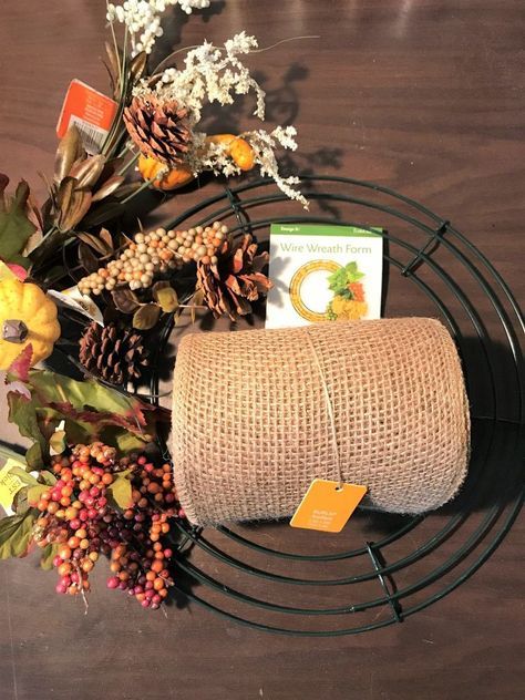 Dollar Tree Fall Burlap Wreath How To Make Decorative Mesh Wreaths, Making A Fall Wreath With A Wire Frame, Fall Wreath With Wire Frame, Diy Fall Wreath Dollar Store, Diy Dollar Store Fall Wreath, Wire Fall Wreath Diy, Diy Dollar Tree Wreath Fall, Fall Vine Wreath Ideas, How To Make A Wreath With Wire Frame