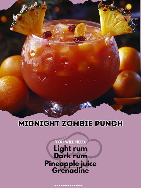 🧟‍♂️🍹 Unleash the undead with the Midnight Zombie Punch! A thrilling concoction that’s a must-try this Halloween! Midnight Zombie Punch Ingredients: Light rum (1.5 oz) Dark rum (1 oz) Pineapple juice (3 oz) Grenadine (0.5 oz) Orange slices (for garnish) Instructions: In a large bowl, mix light rum, dark rum, pineapple juice, and grenadine. Stir gently and add ice. Garnish with orange slices. 🌙💀 Enjoy the Midnight Zombie Punch! This delightful drink is sure to awaken your taste buds and th... Halloween Alcoholic Punch Bowl, Run Punch, Halloween Punch Alcohol, Zombie Punch, Halloween Alcohol, Alcoholic Punch, Light Rum, Dark Rum, Alcohol Drink Recipes