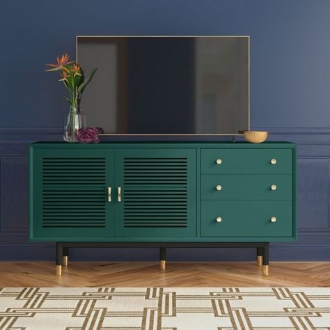 Green Sideboard, Retro Tv Stand, Nordic Green, Wood Tv Stand, Solid Wood Tv Stand, Wood Tv, Shutter Doors, Wayfair Furniture, Tv Stand Wood