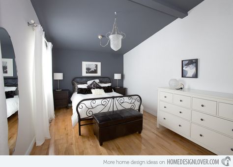 15 Charismatic Sloped Ceiling Bedrooms -- This might be the way to go as an inexpensive solution Sloped Ceiling Bedroom, Dark Ceiling, Grey Ceiling, Grey Accent Wall, Accent Wall Colors, Hale Navy, Bedroom Contemporary, Storage Benches, Accent Wall Paint