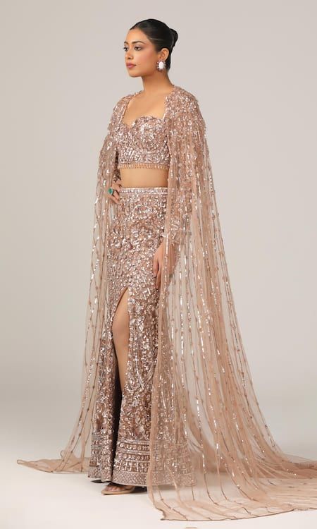 Buy Rose Gold Net Embroidery Cutdana Sweetheart Neck Fishcut Skirt Set For Women by Sidhaarth & Disha Online at Aza Fashions. Fish Cut Lehenga, Net Embroidery, Reception Outfit, Padded Blouse, Pretty Wedding Dresses, Hem Blouse, Beaded Neckline, Women Rising, Chaniya Choli