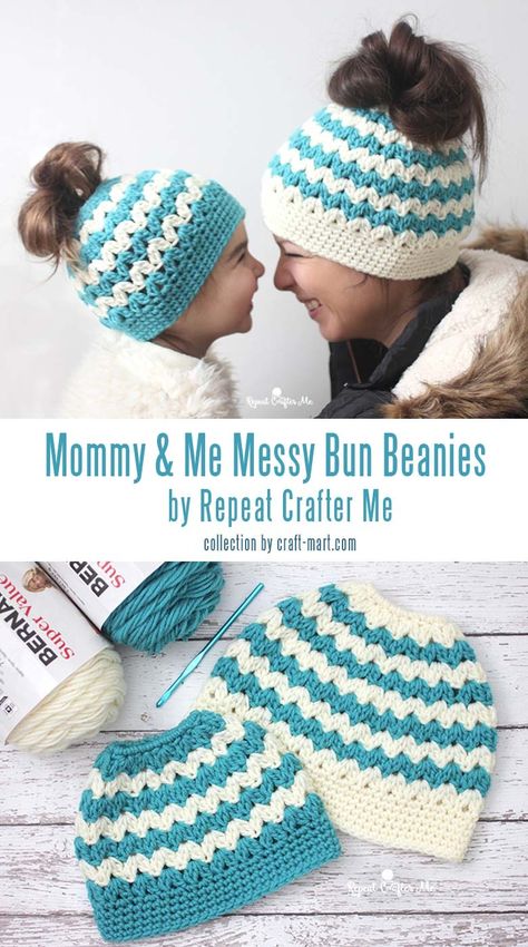 What is better than a free messy bun beanie crochet pattern? 2 FREE messy bun beanie crochet patterns!  This pattern comes in adult and child sizes. Most importantly, a cluster V-stitch makes it very stretchy so it can fit a variety of heads. Crochet Messy Bun Hat Pattern Free, Messy Bun Hat Crochet Pattern, Bun Hat Crochet Pattern, Crochet Bun Hat, Messy Bun Hat Pattern, Ponytail Hat Crochet, Messy Bun Hat Crochet, Crochet Messy Bun, Repeat Crafter Me