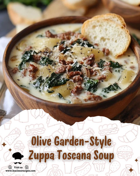 Indulge in this rich and comforting Olive Garden-style Zuppa Toscana Soup—savory sausage, tender potatoes, and creamy broth make it the perfect cozy meal. Olive Garden Soup Zuppa, Zupa Toscana Soup, Tuscany Soup, Zupa Toscana, Zuppa Toscana Soup Olive Garden, Olive Garden Soup, Zuppa Toscana Soup Recipe, Toscana Soup Recipe, Olive Garden Soups