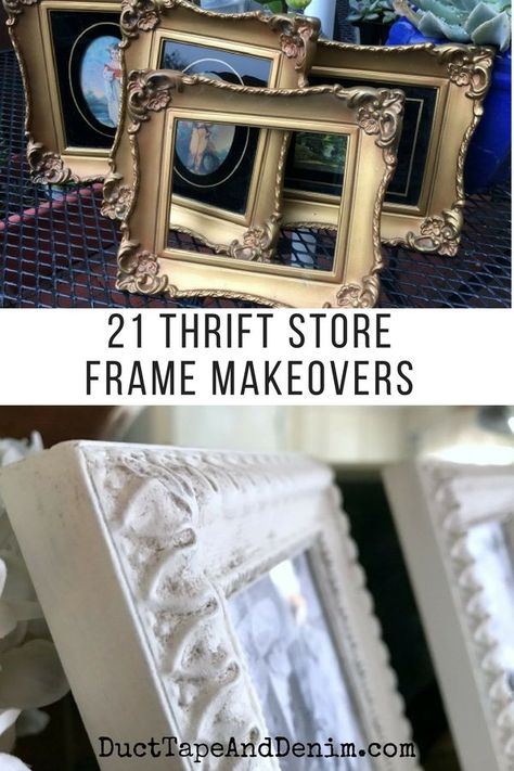 21 frame makeovers on DuctTapeAndDenim.com #thriftstoremakeover #thriftstoremakeovers #upcycle #thriftstorefinds #frames #framemakeovers #paintedframes Update Picture Frames Diy, Update Old Picture Frames, Refurbished Picture Frames, Frame Makeover Ideas, Frame Upcycle, Upcycle Frames, Upcycled Picture Frames, Frame Projects, Thrift Store Upcycle