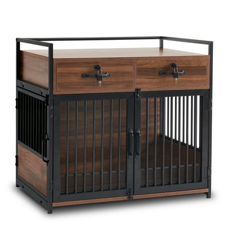 Combining Function and Style: This dog kennel could also use as an elegant side table, end table, and nightstand, furniture-style design gives this pet crate a native feel Sturdy Metal Structure: This furniture style dog crate adopts a steel tube structure, it's strong enough to meet your weight-bearing requirements Storage Function: Two lockable drawers of the end table dog crate conveniently meet your daily storage needs Double Doors Design: The wooden dog crate has two doors to let the puppy Crate End Table, Dog Crate End Table, Furniture Style Dog Crate, Wood Dog Crate, Crate End Tables, Cat Crate, Wooden Dog Crate, Family Room Makeover, Large Dog Crate