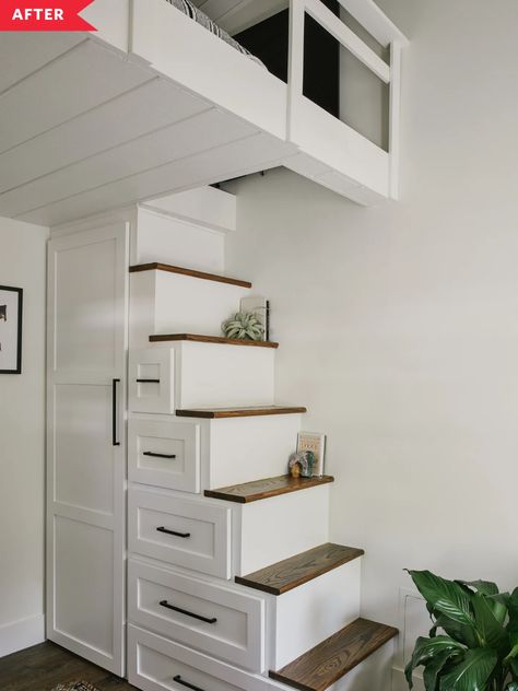 Jessica Parker Kennedy and Ronen Rubinstein House Tour Photos | Apartment Therapy House Staircase Design, Tiny House Staircase, Office Storage Room, Ronen Rubinstein, Small Home Design, Design Staircase, Tiny House Stairs, House Staircase, Loft Office