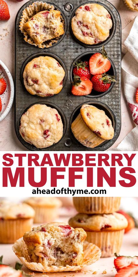 These Strawberry Muffins are tender, fluffy, and delicious — the perfect summer treat! They are golden-brown and crisp outside while moist and cake-like inside and bursting with fresh strawberries. Make these quick and easy one bowl muffins in just 30 minutes using basic pantry staples. Serve these homemade berry muffins as an easy breakfast on-the-go or a tasty afternoon snack anytime you are craving something sweet and fruity. | aheadofthyme.com #strawberrymuffins via @aheadofthyme Muffins With Yogurt, Strawberry Yogurt Muffins, Muffins From Scratch, Fresh Strawberry Recipes, Yogurt Muffins, Thyme Recipes, Berry Muffins, Strawberry Muffins, Small Cakes