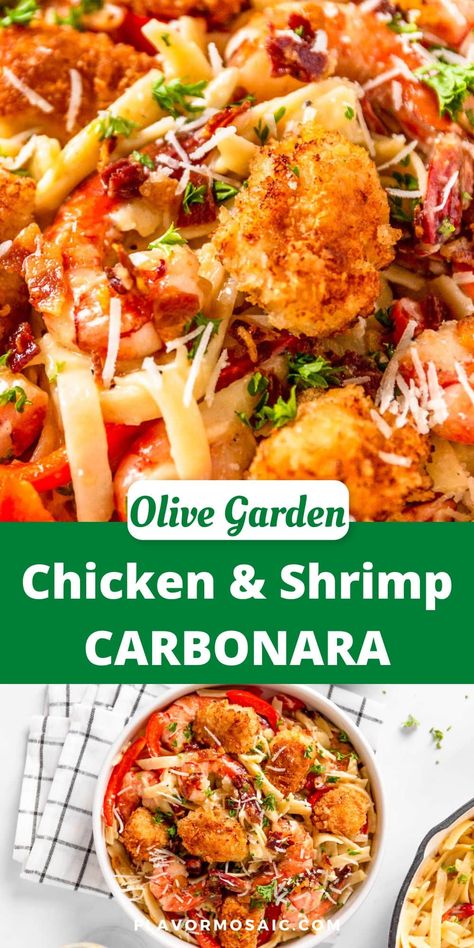 This Copycat Olive Garden Chicken and Shrimp Carbonara Recipe has succulent shrimp and chicken tossed in a white carbonara sauce with pancetta and pasta! Seafood Carbonara Pasta, Olive Garden Shrimp Carbonara Recipe, Easy Carbonara, Chicken And Shrimp Carbonara, Copycat Olive Garden Chicken, Shrimp Carbonara, Olive Garden Recipe, Easy Carbonara Recipe, Shrimp And Chicken