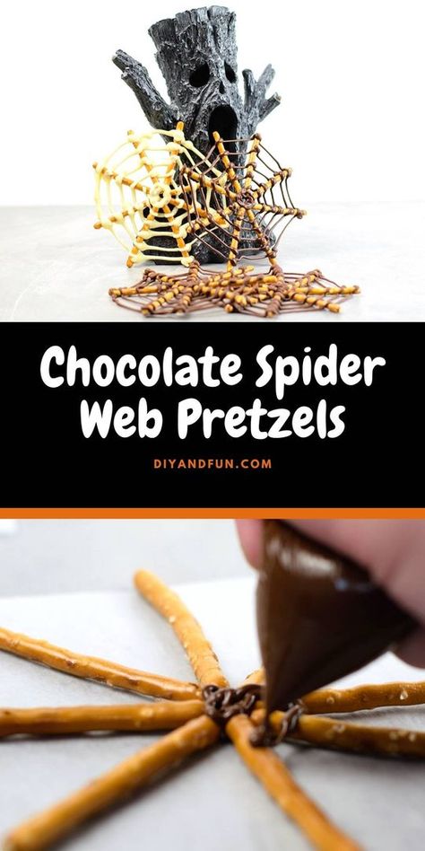 Super Easy! Make These Spider Webs Using Just 2 Ingredients! https://diyandfun.com/chocolate-spider-web-pretzels/ Chocolate Pretzels Halloween, Edible Spider Web, Pretzel Spider Webs, Oreo Spider Cookies, Chocolate Spider Web, Chocolate And Pretzels, Spider Food, Spider Web Cookies, Spider Treats