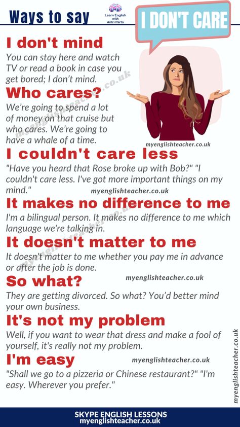 Different Ways to Say “I don’t Care” - My Lingua Academy English Notes, English Conversation Learning, English Knowledge, Phrasal Verb, English Phrases Sentences, English Transition Words, English Skills, English Phrases Idioms, English Conversation