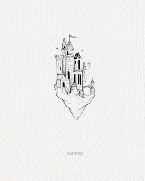 #tattooflash #tattooideas #torontotattoos #darkfantasy #tattoodesigns #torontoillustrator #tattooinspo Tattoo Castle, Castle Outline, Floating Castle, Fantasy Tattoo, Castle Tattoo, Fantasy Tattoos, Original Tattoos, The Castle, Flash Tattoo