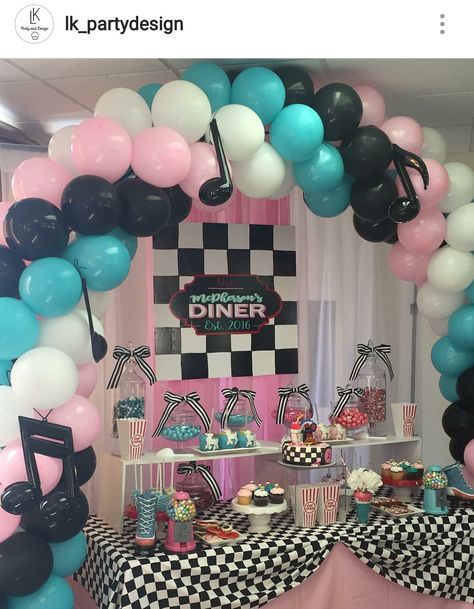 50s Inspired Dessert Table and Decor 50s And 60s Party Ideas, 50 Themed Party 1950s, 50s Sweet 16 Party, Diner Balloon Decor, 50s Backdrop Ideas, 50s Style Party, 50s Party Theme Decorations, 50s Theme Table Centerpieces, 50s Dance Party Decor