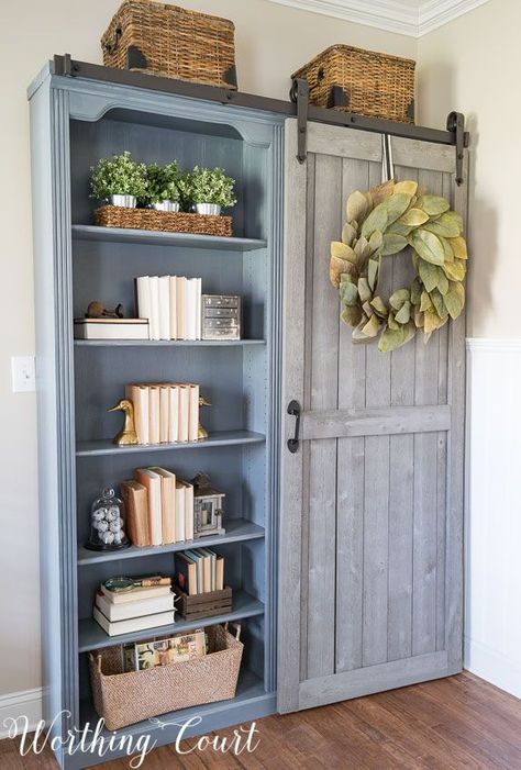 Barndoor Bookcases, Farmhouse Makeover, Diy Sliding Door, Farmhouse Office, Foyer Decorating, Bookshelves Diy, Diy Furniture Couch, Farmhouse Style House, Farmhouse Style Decorating