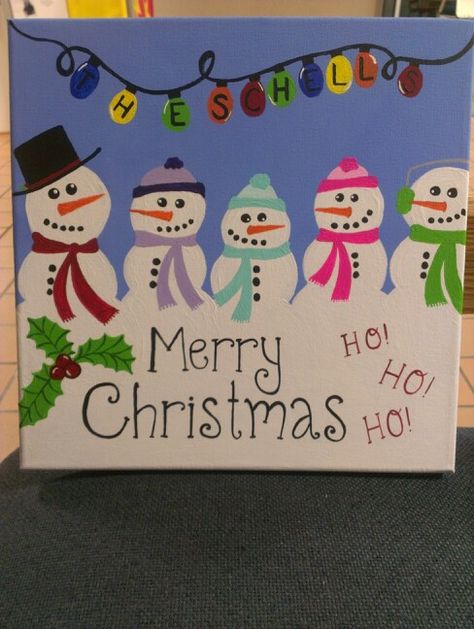 Christmas family canvas - add ribbon and hang on the front door! Kids Canvas Art Ideas Christmas, Diy Family Gifts, Family Christmas Paintings On Canvas, Kid Christmas Canvas Painting, Preschool Christmas Gifts For Parents Canvas, Diy Christmas Paintings On Canvas, Snowman Family Painting, Canvas Snowman Painting For Kids, Christmas Canvases