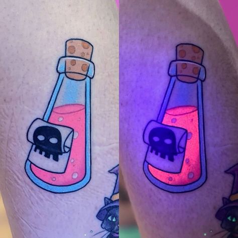 Amanda Carmel on Instagram: “Oh, right. The poison. The poison for Kuzco, the poison chosen especially to kill Kuzco, Kuzco's poison. That poison? #ALLAMA #uvtattoo…” Poison Tattoo, Black Light Tattoo, Neon Tattoo, Uv Tattoo, Light Tattoo, The Poison, Body Mods, Black Light, I Tattoo