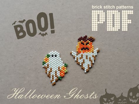 Delica Beads Patterns, Brick Stitch Halloween, Halloween Beadwork, Bead Ghost, Beaded Ghost, Kandi Charms, Halloween Beading, Brick Stitch Beading, Beaded Pumpkin