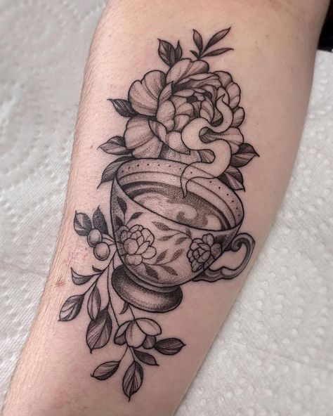 Tea Cups Tattoo, Coffee Cup Tattoo, Tea Tattoo, Teacup Tattoo, Anniversary Tattoo, Cup Tattoo, Traditional Tattoo Designs, Coffee Tattoos, Tattoos For Lovers