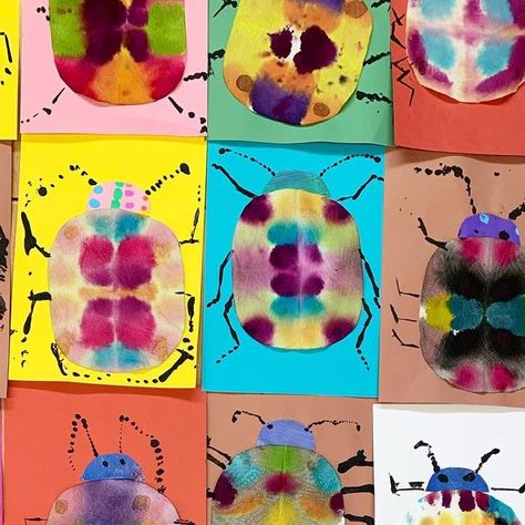 Little Artists on Instagram: "Reception beetles 🪲🌈🐞🌿 after painting on folded paper towels with ink to make symmetrical patterns, reception classes turned their creations into these gorgeous bugs 👏🏻 #eyfsart #earlyyears #earlyyearsart #eyfsideas #arteducation #primaryart #primaryartideas #artclassroom #beetleart #ink" Bug Process Art, Bug Process Art Preschool, Bugs Crafts For Toddlers, Bug Craft Preschool, Bug Art For Toddlers, Bug Arts And Crafts, Mini Beasts Eyfs, Bug Art Preschool, Eyfs Minibeasts