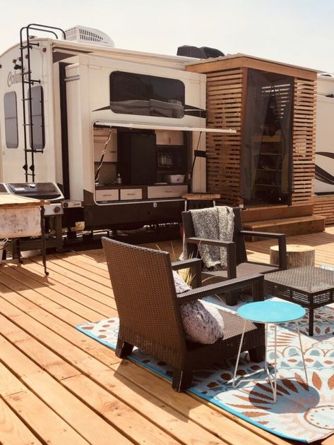 Rv Outdoor Cooking Station, Trailer Patio Ideas Outdoor Spaces, Rv Patio Ideas Campsite, Camper Decks Ideas Patio, Stationary Rv Outdoor Setup, Permanent Camping Site Ideas, Rv Site Setup Ideas, Rv Patio Decorating Ideas, Rv Campsite Setup Ideas